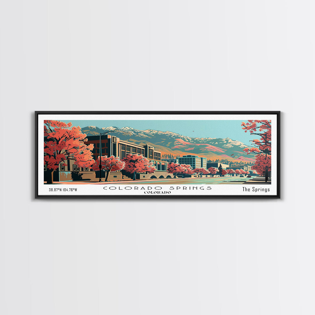 Colorado Springs Colorado Panoramic Painting, Framed Canvas Print, Mid Century Modern Wall Art, Retro Pop Art Travel Poster, Office Decor, City Art