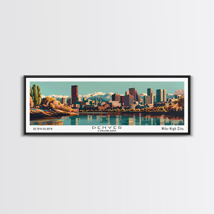 Denver Colorado Panoramic Painting, Framed Canvas Print, Mid Century Modern Wall Art, Retro Pop Art Travel Poster, Living Room Decor, City Art