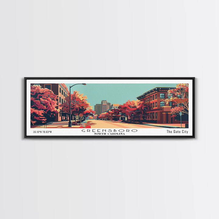 Greensboro North Carolina Panoramic Wall Art, Mid Century Modern Framed Canvas Print, Retro Pop Art Travel Poster, City Art, Living Room Decor, Home Office Decor