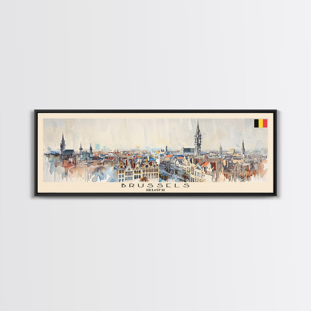 Brussels Belgium Panoramic Travel Poster, Framed Canvas Print or Metal Wall Art, Travel Art, Home Decor, Panoramic Painting, Midcentury Art