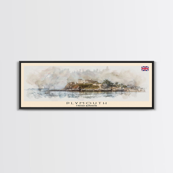Plymouth United Kingdom Panoramic Travel Poster, Framed Canvas Print or Metal Wall Art, Travel Art, Home Decor, Panoramic Painting, Midcentury Art