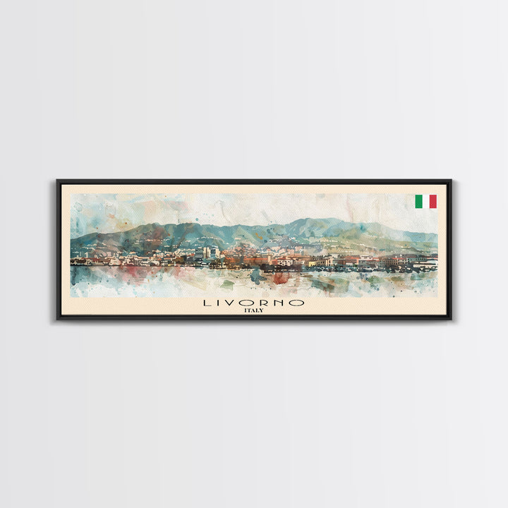 Livorno Italy Panoramic Travel Poster, Framed Canvas Print or Metal Wall Art, Travel Art, Home Decor, Panoramic Painting, Midcentury Art