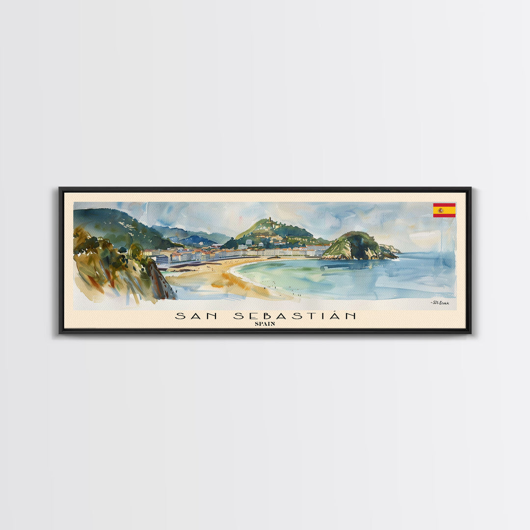San Sebastian Spain Panoramic Travel Poster, Framed Canvas Print or Metal Wall Art, Travel Art, Home Decor, Panoramic Painting, Midcentury Art