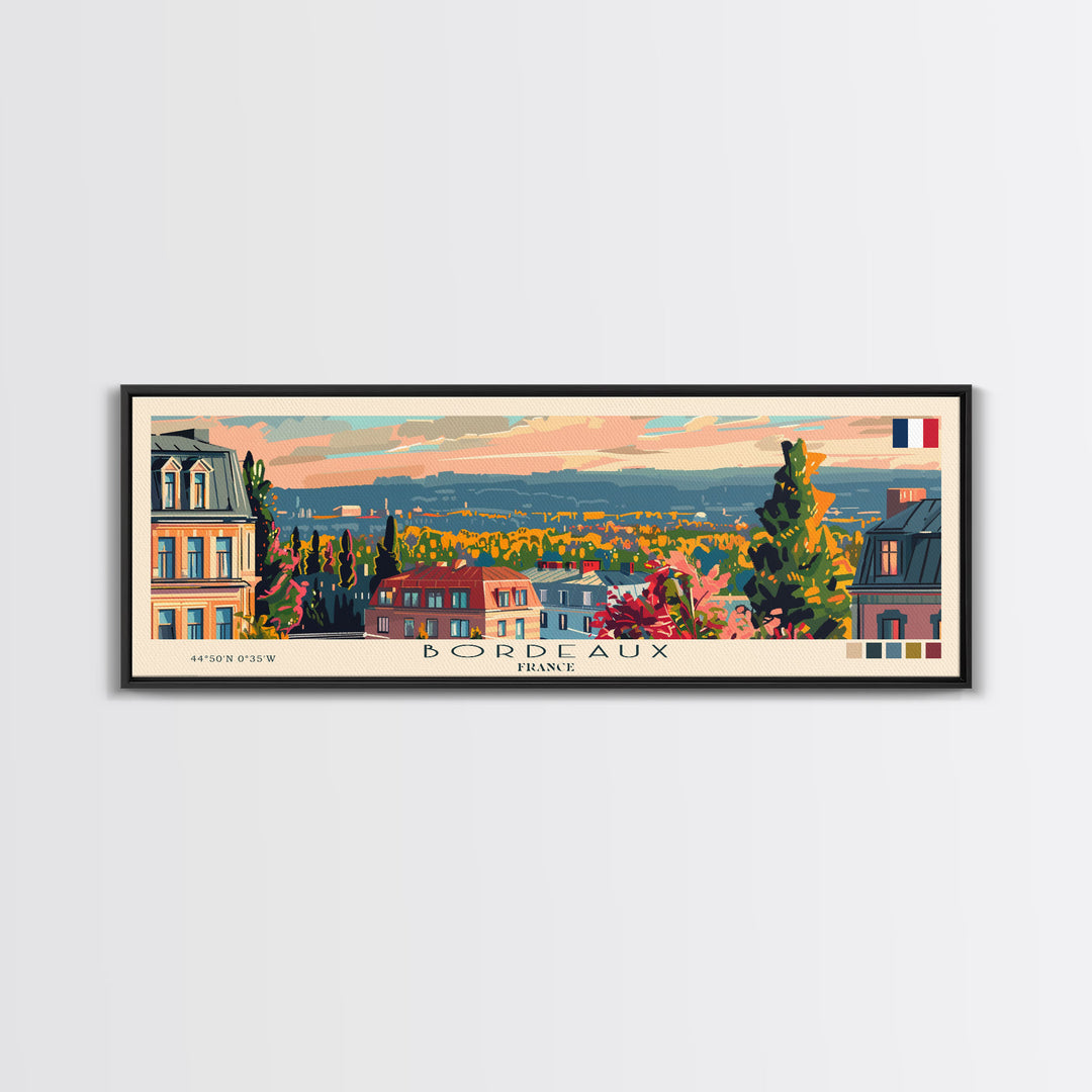 Bordeaux France Panoramic Travel Poster, Framed Canvas Print or Metal Wall Art, Travel Art, Home Decor, Panoramic Painting, Midcentury Art