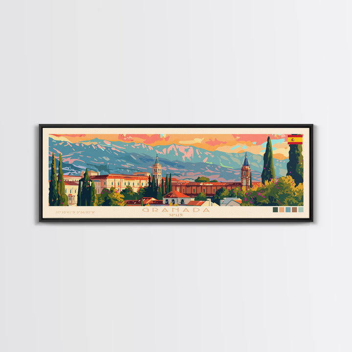 Granada Spain Panoramic Travel Poster, Framed Canvas Print or Metal Wall Art, Travel Art, Home Decor, Panoramic Painting, Midcentury Art