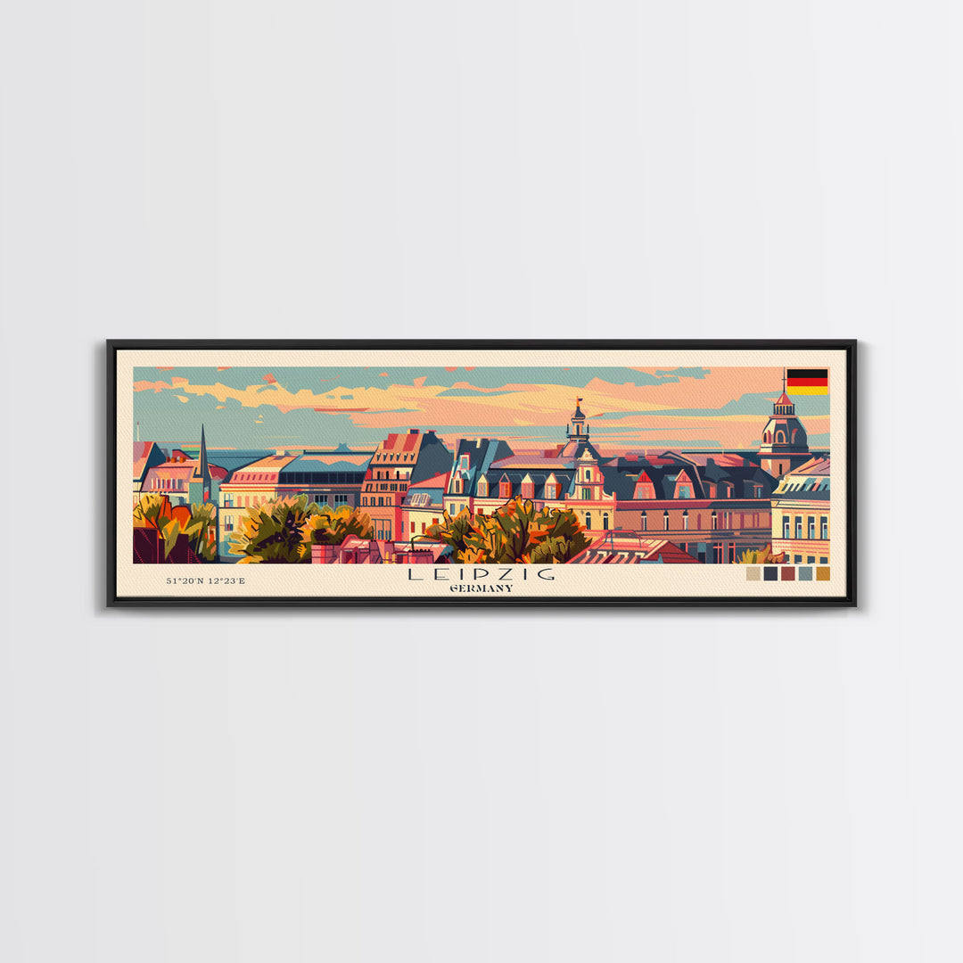 Leipzig Germany Panoramic Travel Poster, Framed Canvas Print or Metal Wall Art, Travel Art, Home Decor, Panoramic Painting, Midcentury Art