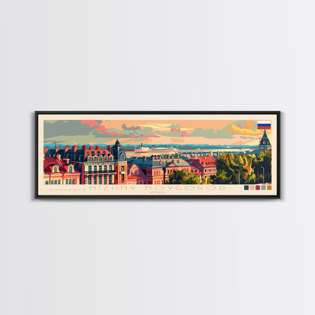 Nizhny Novgorod Panoramic Travel Poster, Framed Canvas Print or Metal Wall Art, Travel Art, Home Decor, Panoramic Painting, Midcentury Art