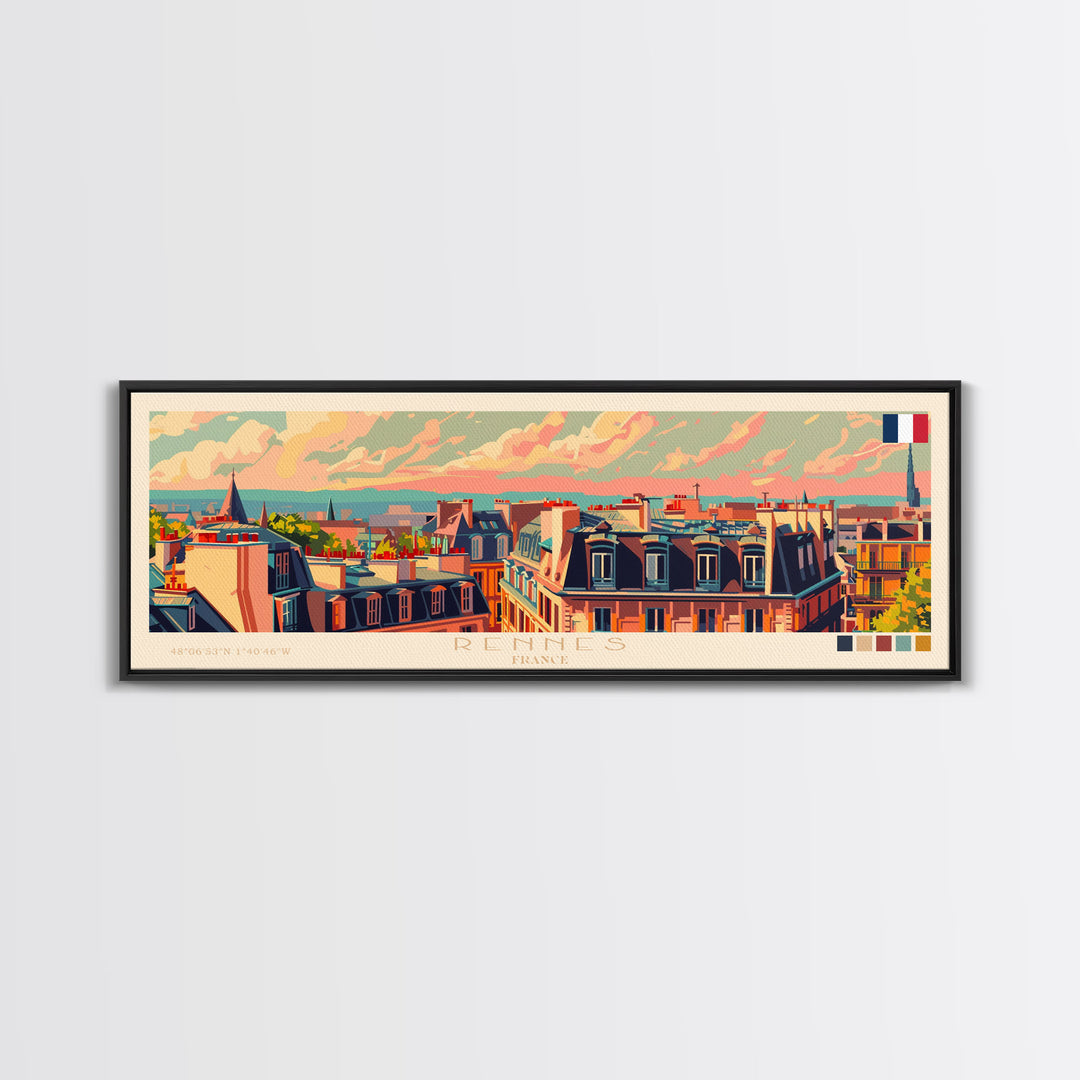 Rennes France Panoramic Travel Poster, Framed Canvas Print or Metal Wall Art, Travel Art, Home Decor, Panoramic Painting, Midcentury Art