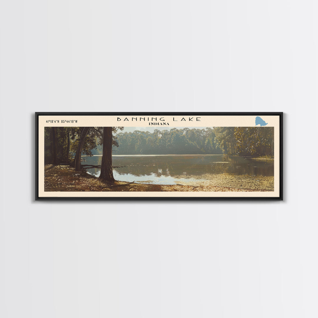Banning Lake Indiana Framed Canvas Print, Lake House Decor, Panoramic Scenic Painting, Travel Poster, Rustic Art, Nature Wall Art