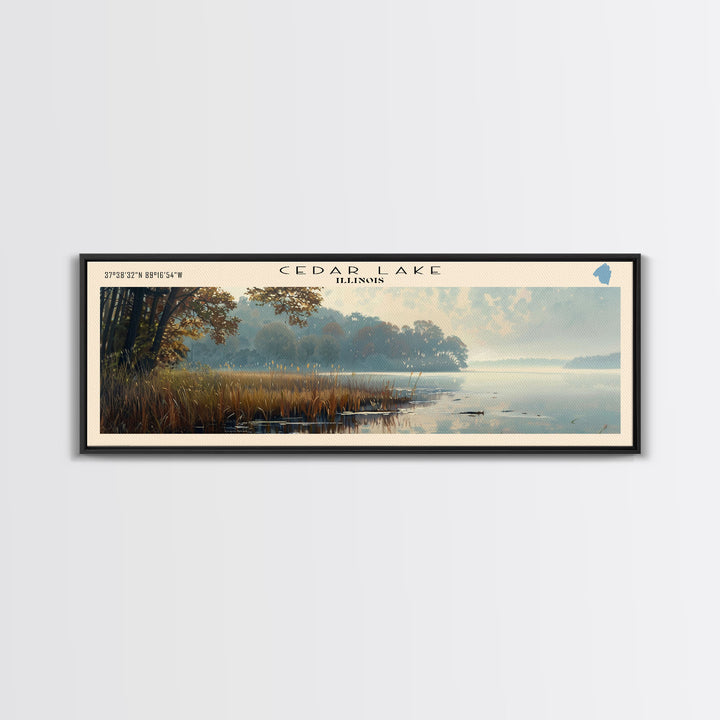 Cedar Lake Illinois Framed Canvas Print, Lake House Art, Panoramic Wide Art, Travel Poster, Minimalist Lake Painting, Home Decor