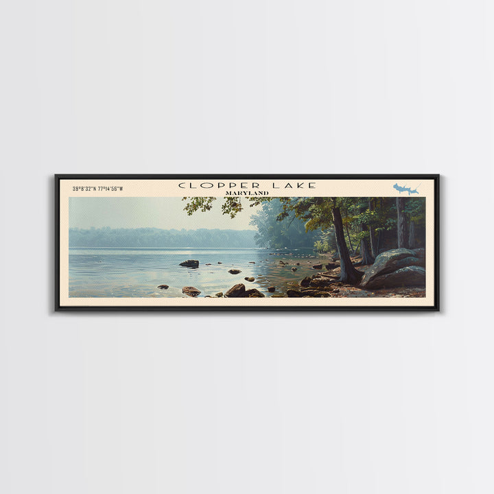 Clopper Lake Maryland Framed Canvas Print, Lake House Art, Panoramic Wide Art, Travel Poster, Minimalist Lake Painting, Home Decor