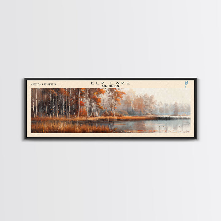 Elk Lake Michigan Framed Canvas Print, Lake House Art, Panoramic Wall Art, Travel Poster, Minimalist Lake Painting, Home Decor