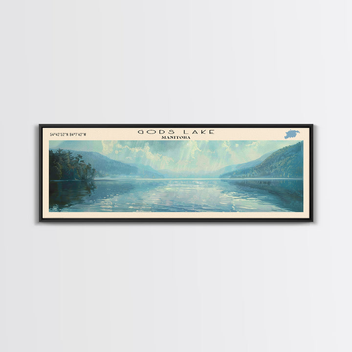 Gods Lake Framed Canvas Print, Lake House Decor, Panoramic Wall Art, Travel Poster, Scenic Lake Painting, Nature Art