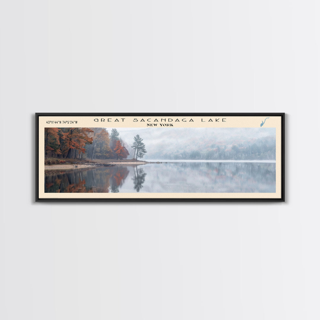 Great Sacandaga Lake Framed Canvas Print, Lake House Art, Panoramic Wall Art, Travel Poster, Serene Lake Painting, Home Decor