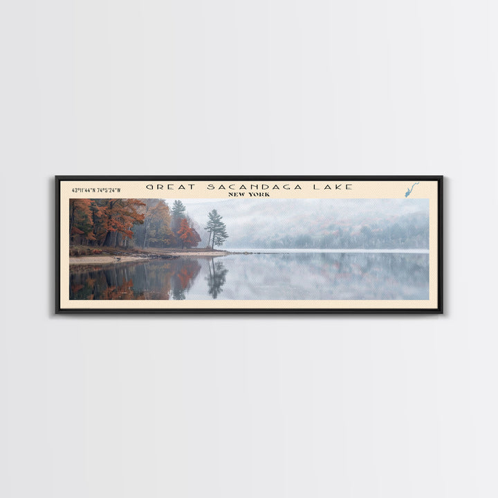 Great Sacandaga Lake Framed Canvas Print, Lake House Art, Panoramic Wall Art, Travel Poster, Serene Lake Painting, Home Decor