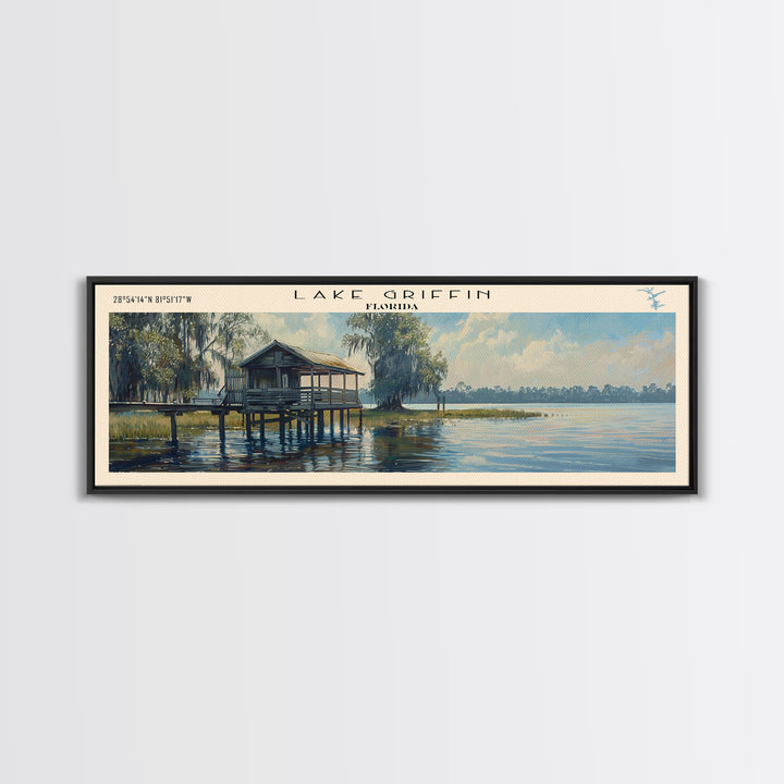 Lake Griffin Florida Framed Canvas Print, Lake House Decor, Panoramic Wall Art, Travel Poster, Beautiful Lake Painting, Nature Art