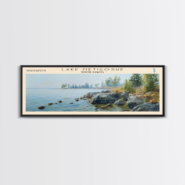 Lake Metigoshe North Dakota Framed Canvas Print, Lake House Decor, Panoramic Wall Art, Travel Poster, Serene Landscape Painting, Living Room Decor