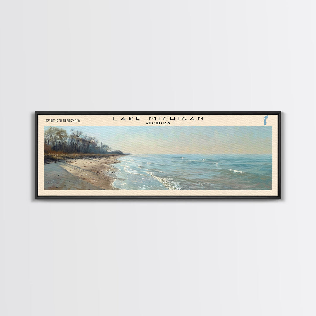 Lake Michigan Framed Canvas Print, Lake House Decor, Panoramic Wall Art, Travel Poster, Beautiful Landscape Painting, Bedroom Decor