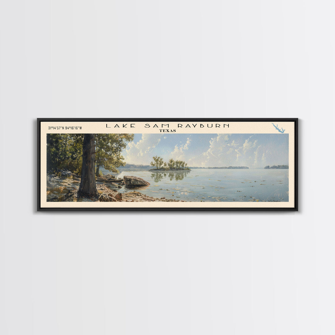 Lake Sam Rayburn, Boho Art, Serene Landscape, Travel Poster Art, Wall Art, Home Decor, Nature Scene, Lake Painting, Minimalist Art, Rustic Art, Travel Print, Framed Canvas Print, Lake House Decor, Panoramic Print