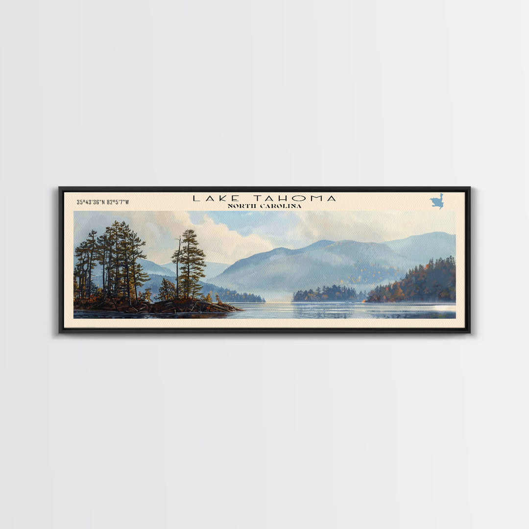 Lake Tahoma North Carolina Framed Canvas Print, Lake House Decor, Panoramic Wall Art, Travel Poster, Serene Landscape Painting, Rustic Art