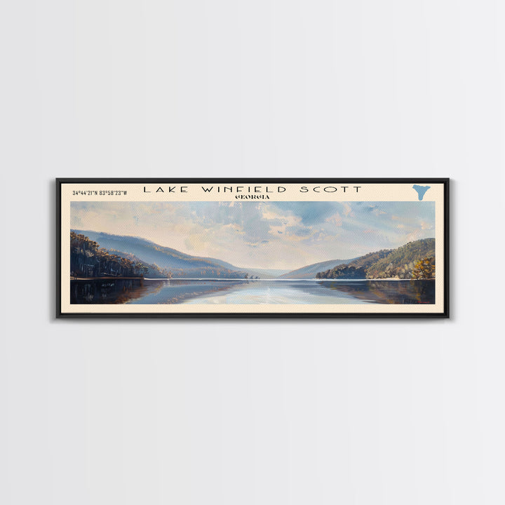 Lake Winfield Scott Georgia Framed Canvas Print, Lake House Decor, Panoramic Wall Art, Travel Poster, Scenic Landscape Painting, Rustic Art
