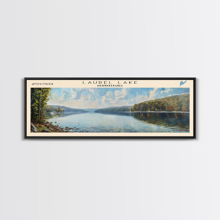 Laurel Lake Pennsylvania Framed Canvas Print, Lake House Decor, Panoramic Wall Art, Travel Poster, Landscape Painting, Bedroom Decor