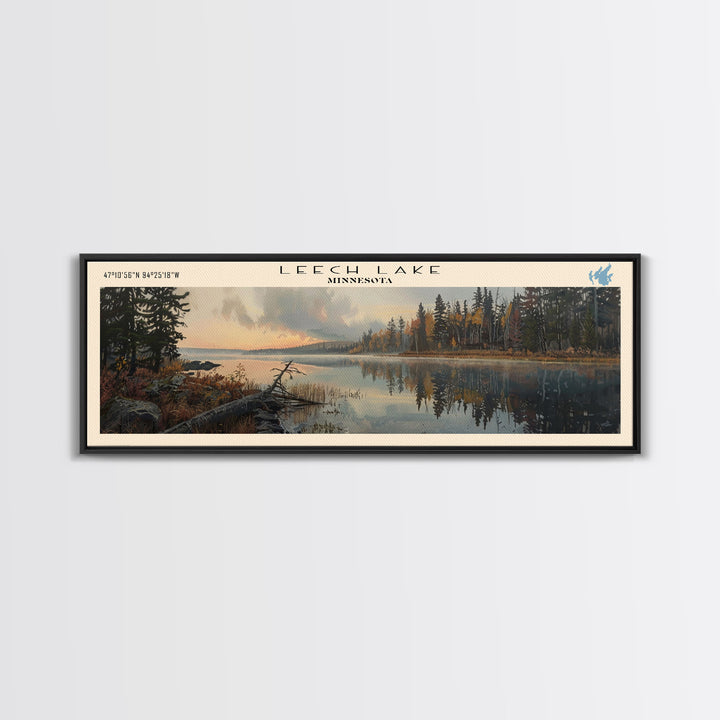 Leech Lake Framed Canvas Print, Lake House Decor, Panoramic Wall Art, Travel Poster, Landscape Painting, Cottage Art