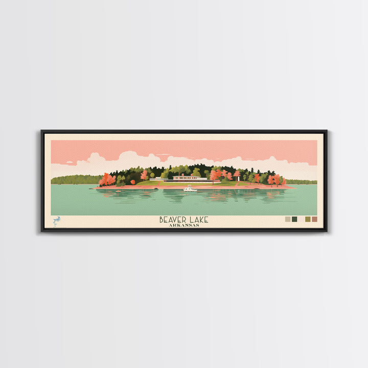 Beaver Lake Arkansas Framed Canvas Print, Panoramic Wall Art, Midcentury Modern, Pop Art, Travel Poster, Scenic Lake House Art, Bedroom Decor