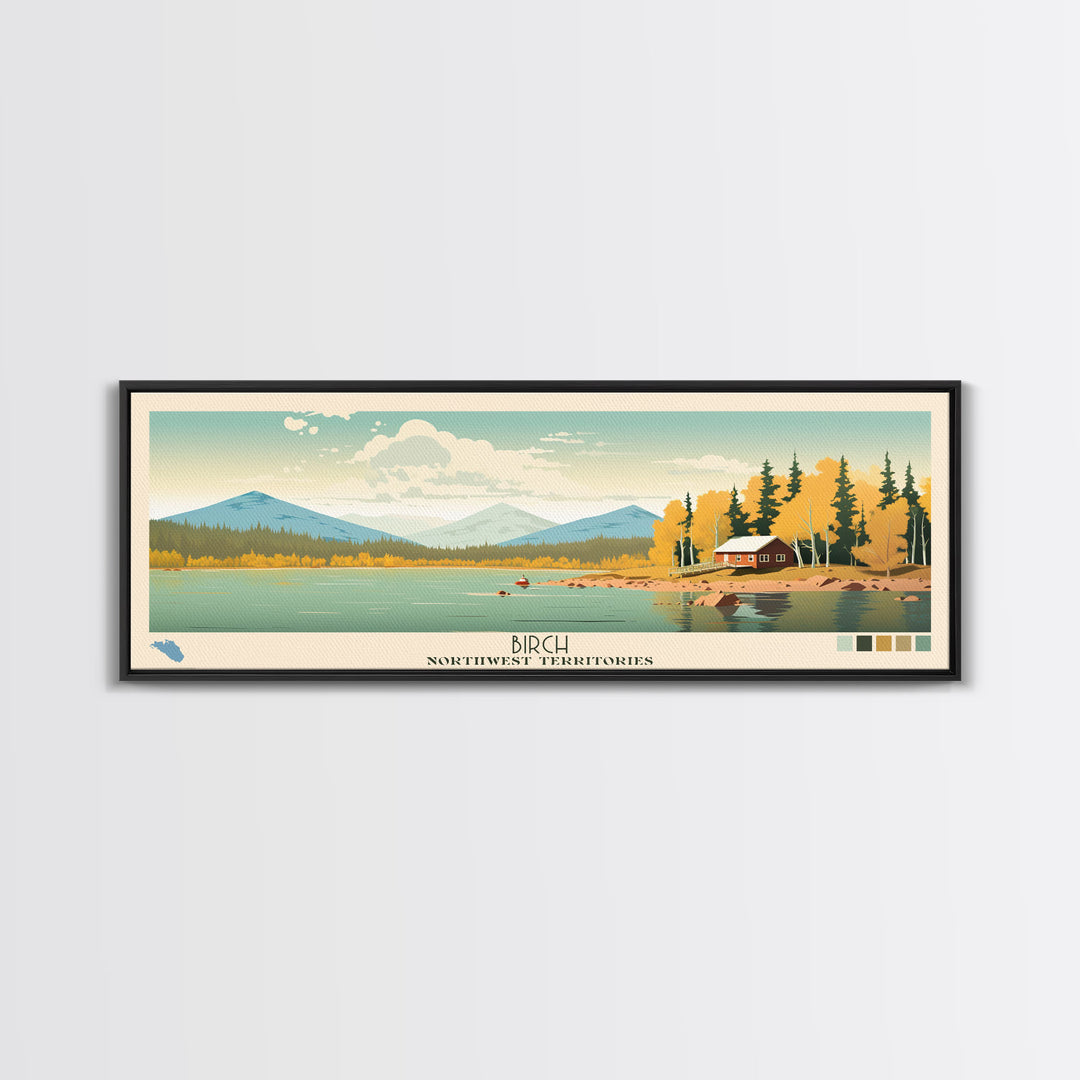 Birch Northwest Territories Framed Canvas Print, Panoramic Wall Art, Midcentury Modern, Pop Art, Travel Poster, Scenic Living Room Decor, Lake House Art