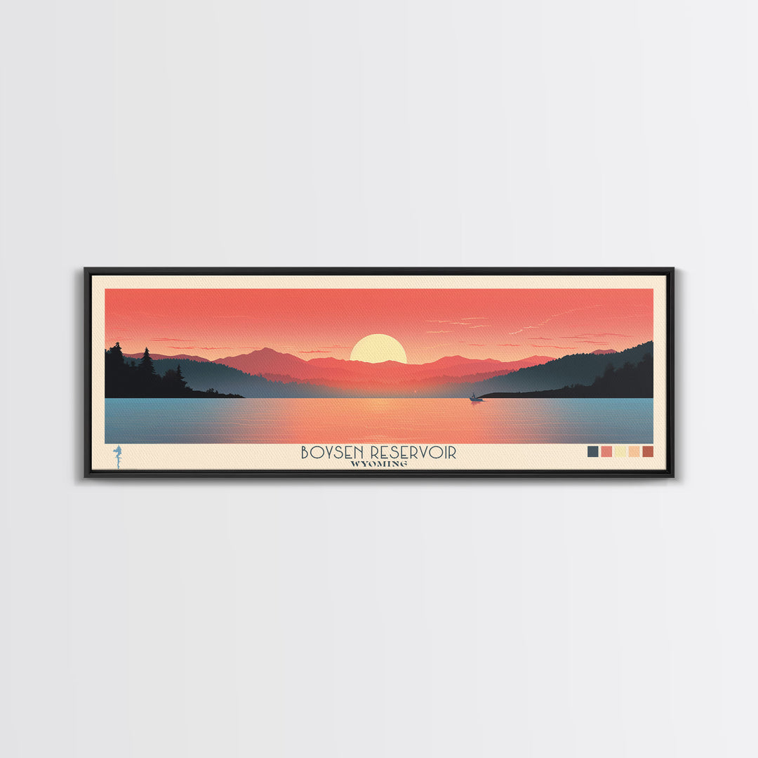 Boysen Reservoir Wyoming Framed Canvas Print, Panoramic Travel Poster, Midcentury Modern Wall Art, Pop Art, Nature Bedroom Decor, Scenic Lake House Art