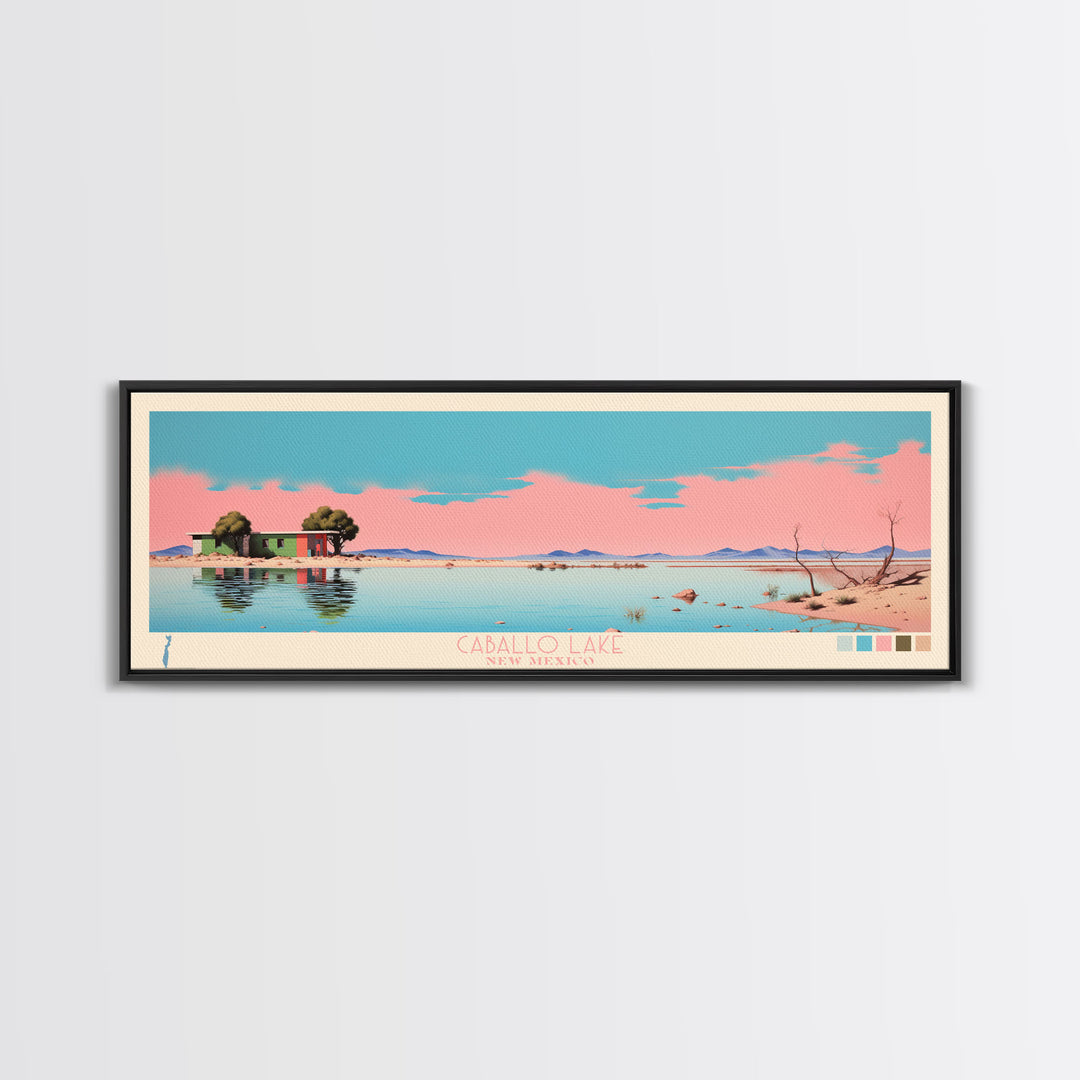 Caballo Lake New Mexico Framed Canvas Print, Midcentury Modern Panoramic Wall Art, Living Room Decor, Pop Art, Travel Poster Art, Scenic Nature Painting