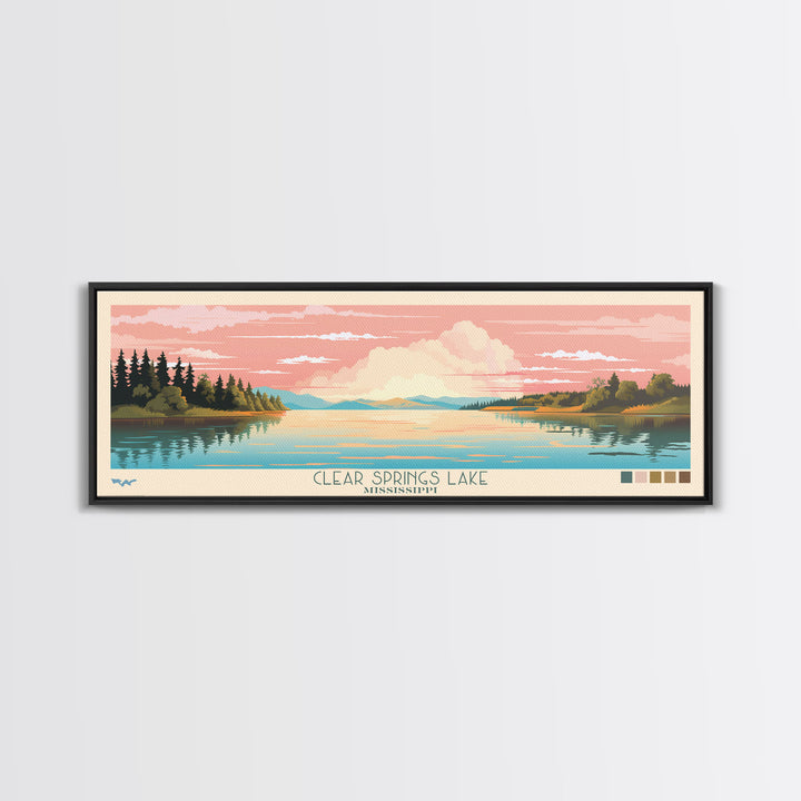 Clear Springs Lake Mississippi Framed Canvas Print, Pop Art Panoramic Travel Poster, Midcentury Modern, Wall Art, Scenic Nature Painting, Bedroom Decor, Living Room Art