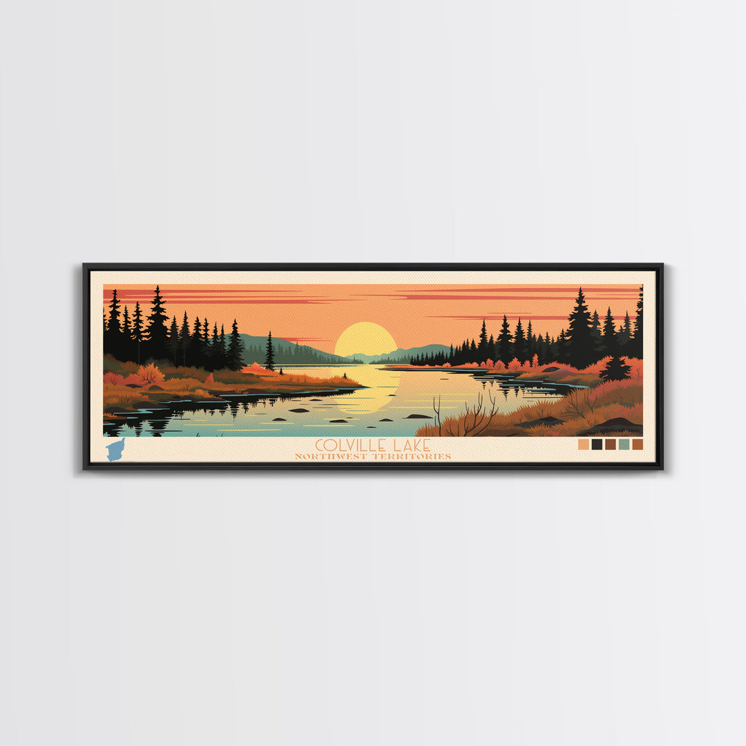 Colville Lake Northwest Territories Framed Canvas Print, Pop Art Panoramic Travel Poster, Bedroom Decor, Midcentury Modern, Wall Art, Scenic Lake House, Nature Art