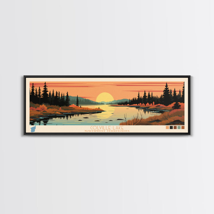 Colville Lake Northwest Territories Framed Canvas Print, Pop Art Panoramic Travel Poster, Bedroom Decor, Midcentury Modern, Wall Art, Scenic Lake House, Nature Art