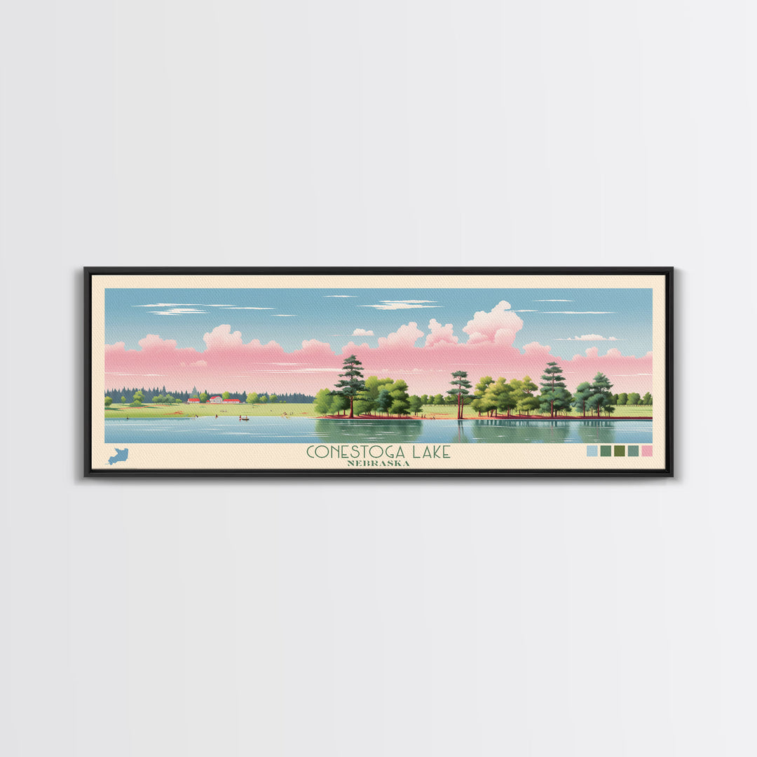 Conestoga Lake Nebraska Framed Canvas Print, Pop Art Panoramic Travel Poster, Midcentury Modern, Wall Art, Scenic Nature Painting, Bedroom Decor, Living Room Art