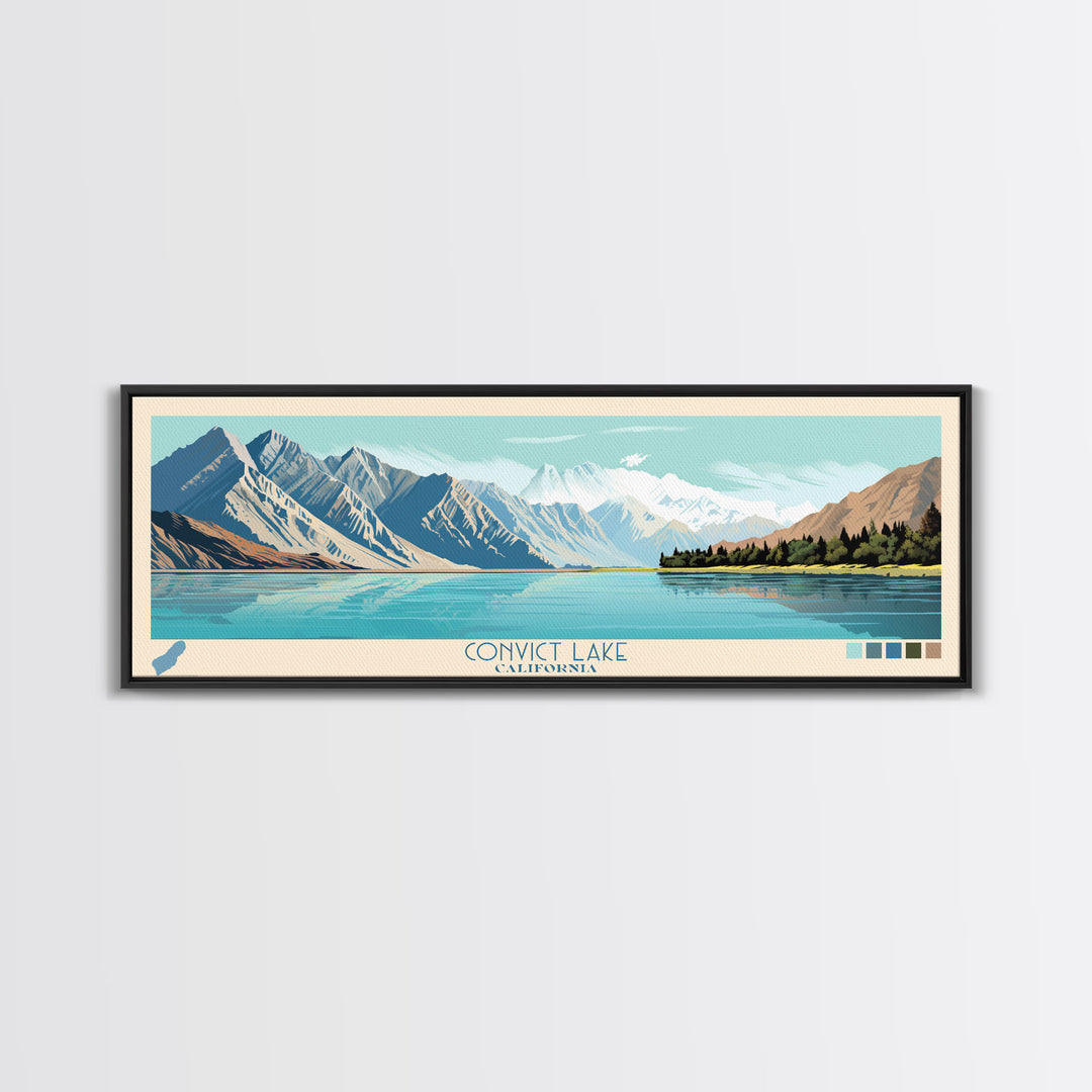 Convict Lake California Framed Canvas Print, Midcentury Modern Panoramic Wall Art, Living Room Decor, Pop Art, Travel Poster Art, Nature Art, Lake House Decor