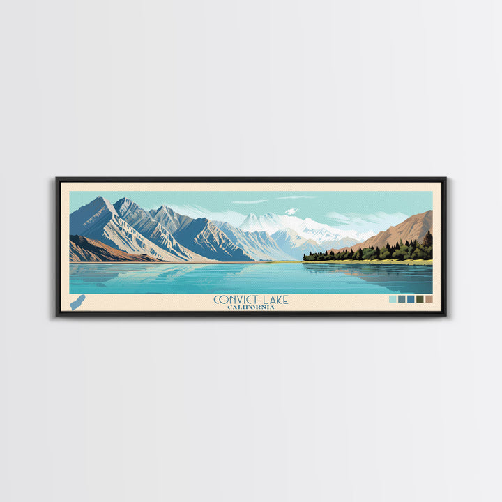 Convict Lake California Framed Canvas Print, Midcentury Modern Panoramic Wall Art, Living Room Decor, Pop Art, Travel Poster Art, Nature Art, Lake House Decor