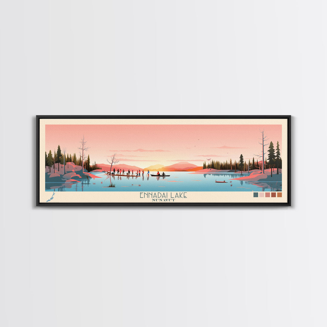 Ennadai Lake Nunavut Framed Canvas Print, Panoramic Wall Art, Midcentury Modern, Pop Art, Bedroom Decor, Travel Poster, Lake View