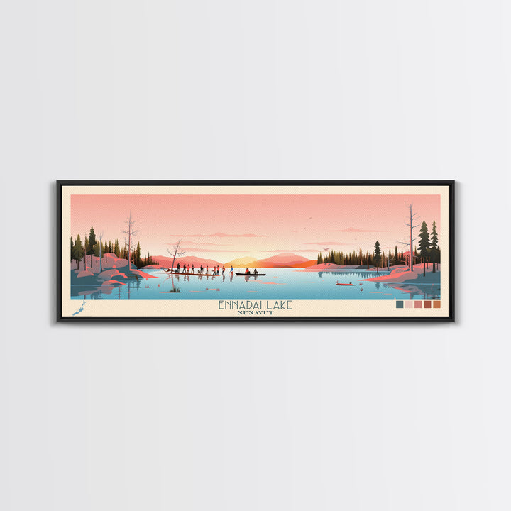 Ennadai Lake Nunavut Framed Canvas Print, Panoramic Wall Art, Midcentury Modern, Pop Art, Bedroom Decor, Travel Poster, Lake View
