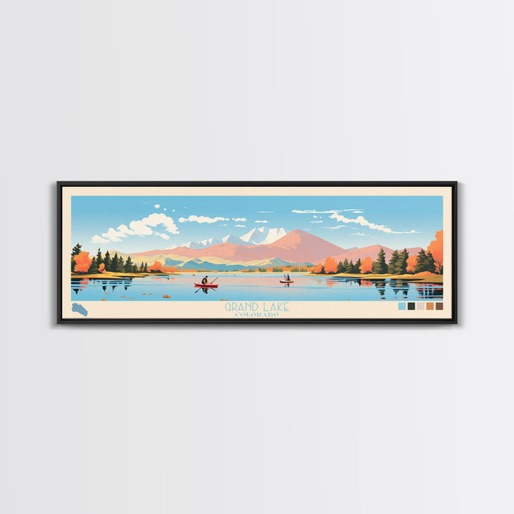 Grand Lake Colorado Framed Canvas Print, Panoramic Wall Art, Midcentury Modern, Pop Art, Living Room Decor, Travel Poster, Nature Art, Home Decor