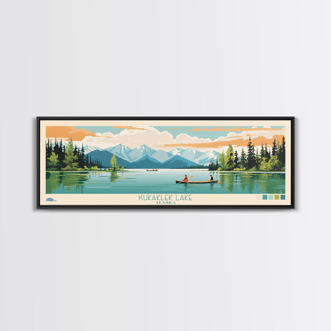 Kukaklek Lake Alaska Framed Canvas Print, Panoramic Wall Art, Midcentury Modern, Pop Art, Living Room Decor, Travel Poster, Bedroom Art