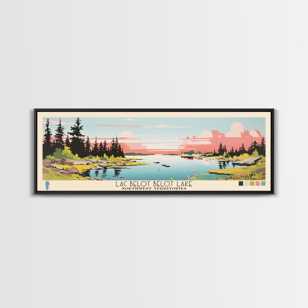 Lac Belot Northwest Territories Framed Canvas Print, Panoramic Wall Art, Midcentury Modern, Pop Art, Lake House Art, Travel Poster, Living Room Decor