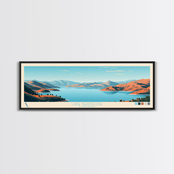 Lake Berryessa California Framed Canvas Print, Panoramic Wall Art, Midcentury Modern, Pop Art, Bedroom Decor, Travel Poster, Living Room Art