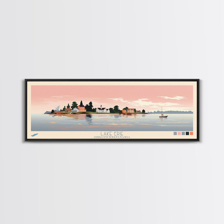 Lake Erie Ohio Pennsylvania Framed Canvas Print, Panoramic Art, Midcentury Modern, Pop Art, Living Room Wall Art, Travel Poster, Lake House Decor