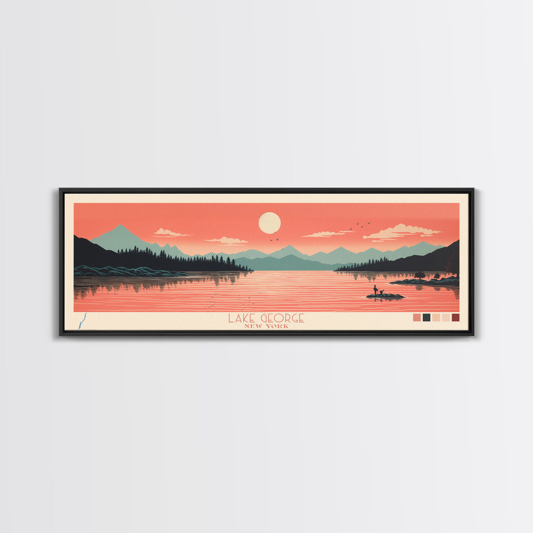 Lake George New York Framed Canvas Print, Panoramic Art, Midcentury Modern, Pop Art, Living Room Wall Art, Travel Poster, Lake House Decor