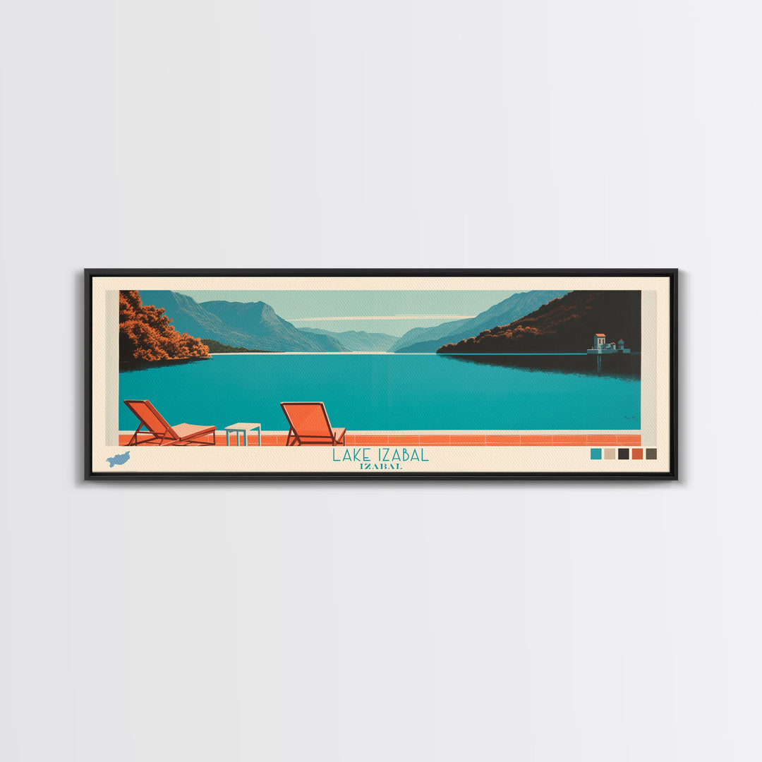 Lake Izabal Izabal Framed Canvas Print, Panoramic Wall Art, Midcentury Modern, Pop Art, Living Room Decor, Travel Poster, Bedroom Art