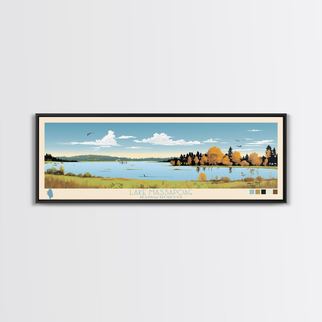 Lake Massapoag Massachusetts Framed Canvas Print, Panoramic Wall Art, Midcentury Modern, Pop Art, Living Room Decor, Travel Poster