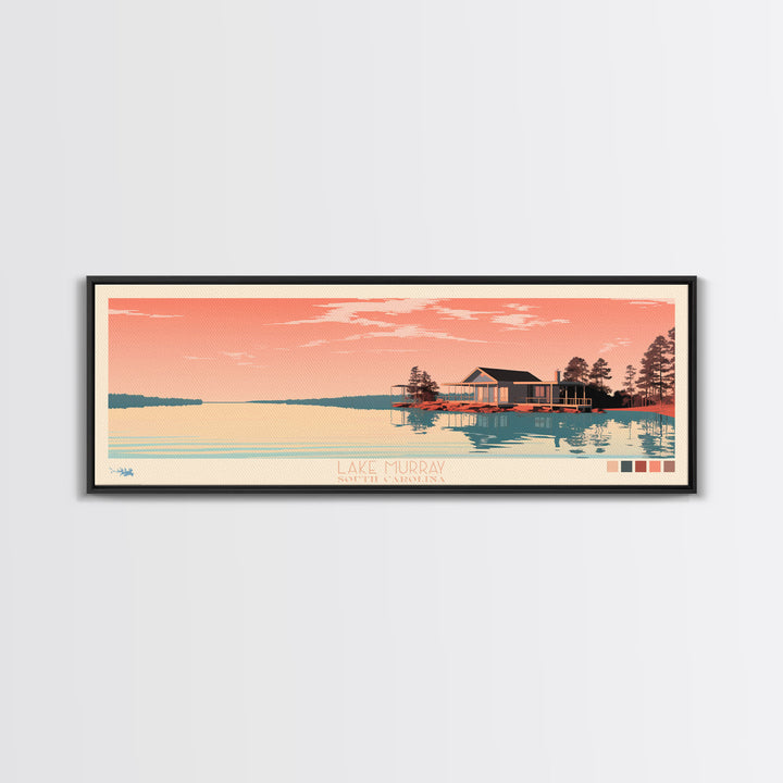 Lake Murray South Carolina Framed Canvas Print, Panoramic Wall Art, Midcentury Modern, Pop Art, Bedroom Art, Travel Poster, Lake House Decor
