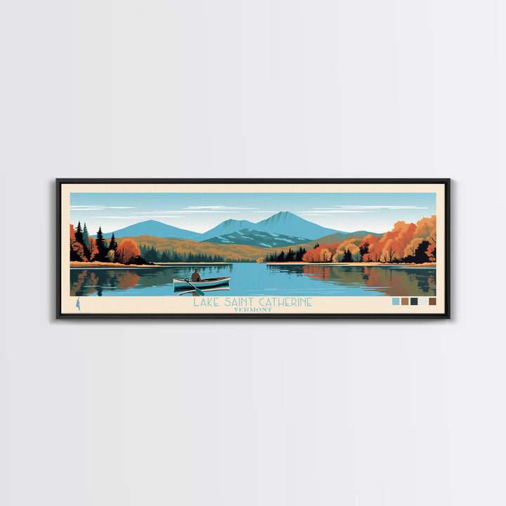 Lake Saint Catherine Vermont Framed Canvas Print, Panoramic Wall Art, Midcentury Modern, Pop Art, Living Room Decor, Travel Poster, Lake House Art