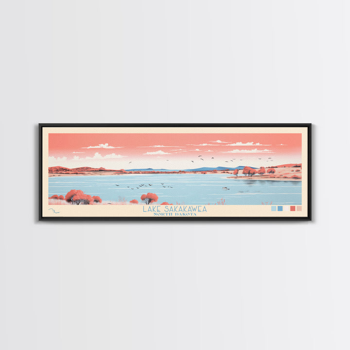 Lake Sakakawea North Dakota Framed Canvas Print, Panoramic Wall Art, Midcentury Modern, Pop Art, Living Room Decor, Travel Poster, Lake House Art
